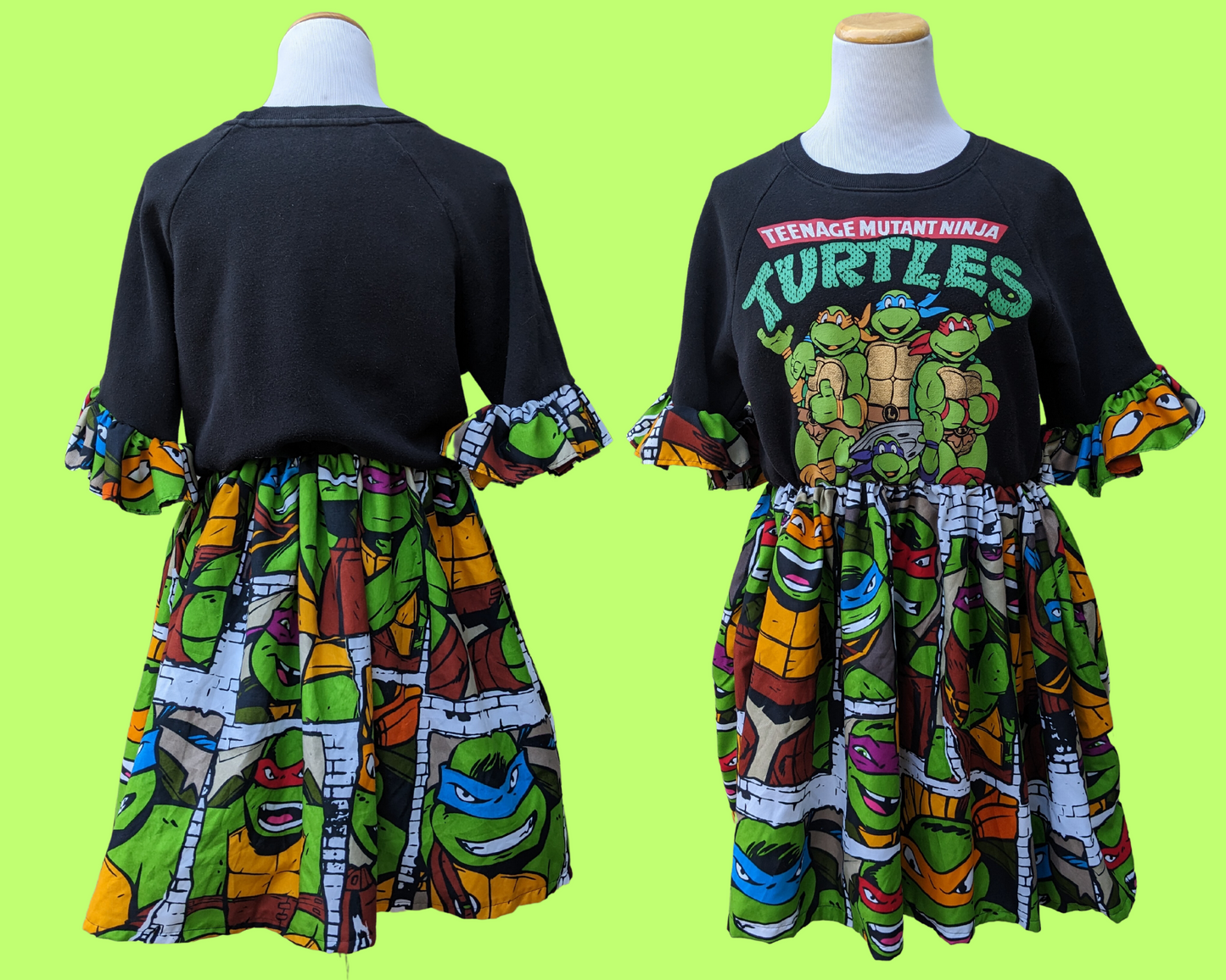 Handmade, Upcycled Teenage Mutant Ninja Turtles Sweater Dress with TMNT Bedsheet Size M