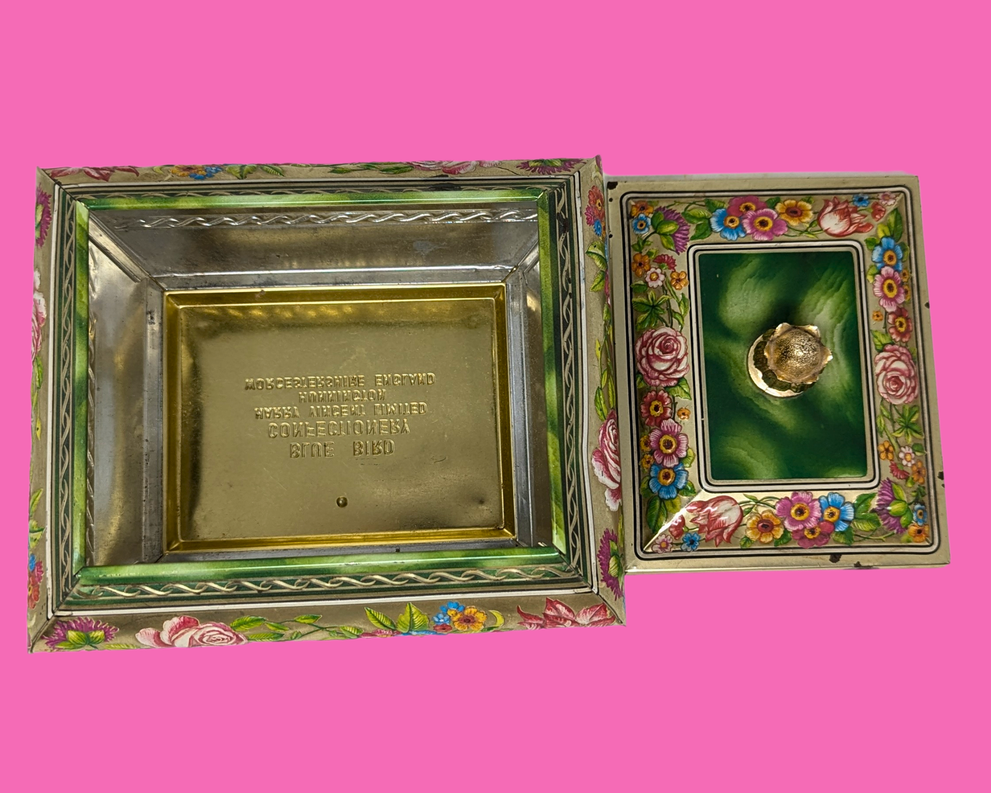 Vintage 1980's Green Floral Tin Box