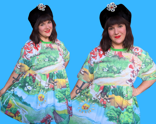 Handmade, Upcycled Vintage 1990's Farm Animals Bedsheet T-Shirt Dress Fits Size S-M-L-XL