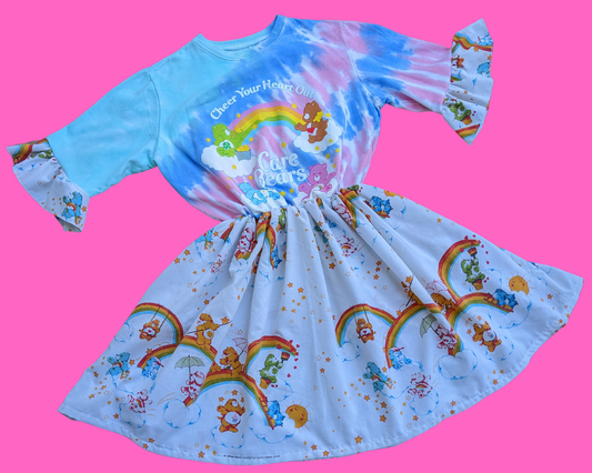 Handmade, Upcycled Carebears Sweater Dress with Carebears Bedsheet Size M-L