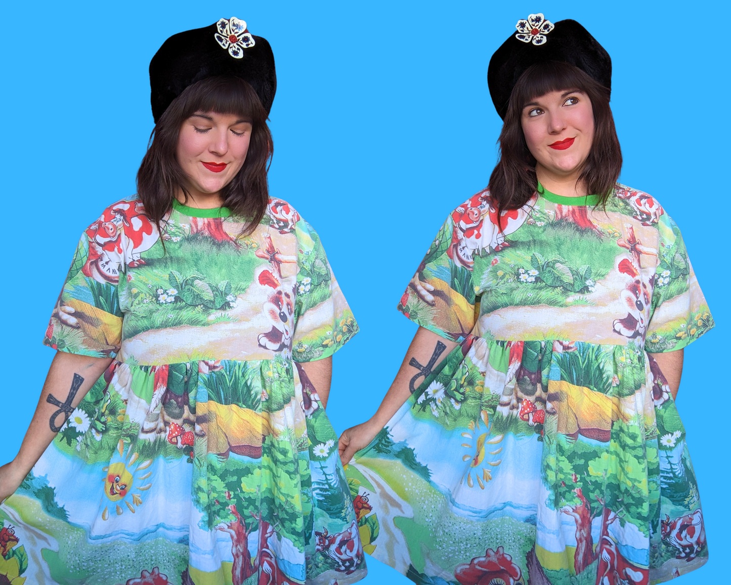 Handmade, Upcycled Vintage 1990's Farm Animals Bedsheet T-Shirt Dress Fits Size S-M-L-XL