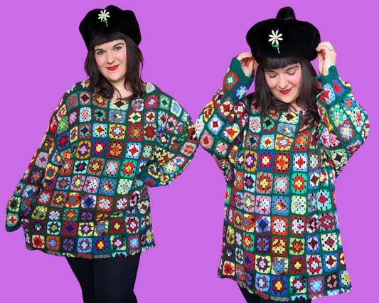 Handmade, Upcycled Vintage 1980's Colourful Crochet Blanket T-Shirt Oversized XL