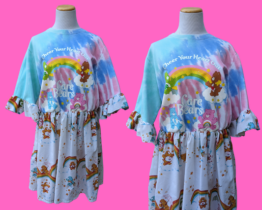 Handmade, Upcycled Carebears Sweater Dress with Carebears Bedsheet Size M-L