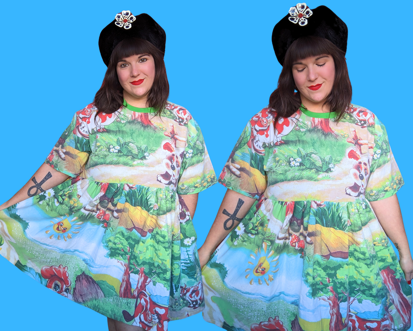 Handmade, Upcycled Vintage 1990's Farm Animals Bedsheet T-Shirt Dress Fits Size S-M-L-XL