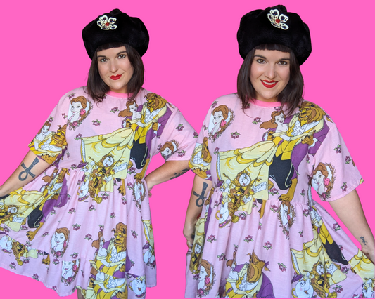 MADE TO ORDER, Handmade, Upcycled Vintage 1990's Walt Disney's Beauty and The Beast Bedsheet T-Shirt Dress Fits S-M-L-XL or 2XL