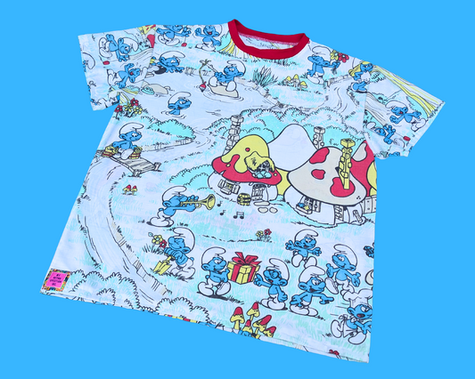 Handmade, Upcycled The Smurfs Bedsheet T-Shirt Oversized XS - Fits Like A Size M