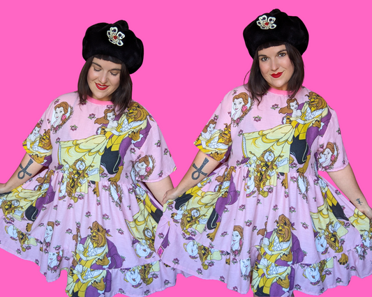 MADE TO ORDER, Handmade, Upcycled Vintage 1990's Walt Disney's Beauty and The Beast Bedsheet T-Shirt Dress Fits S-M-L-XL or 2XL