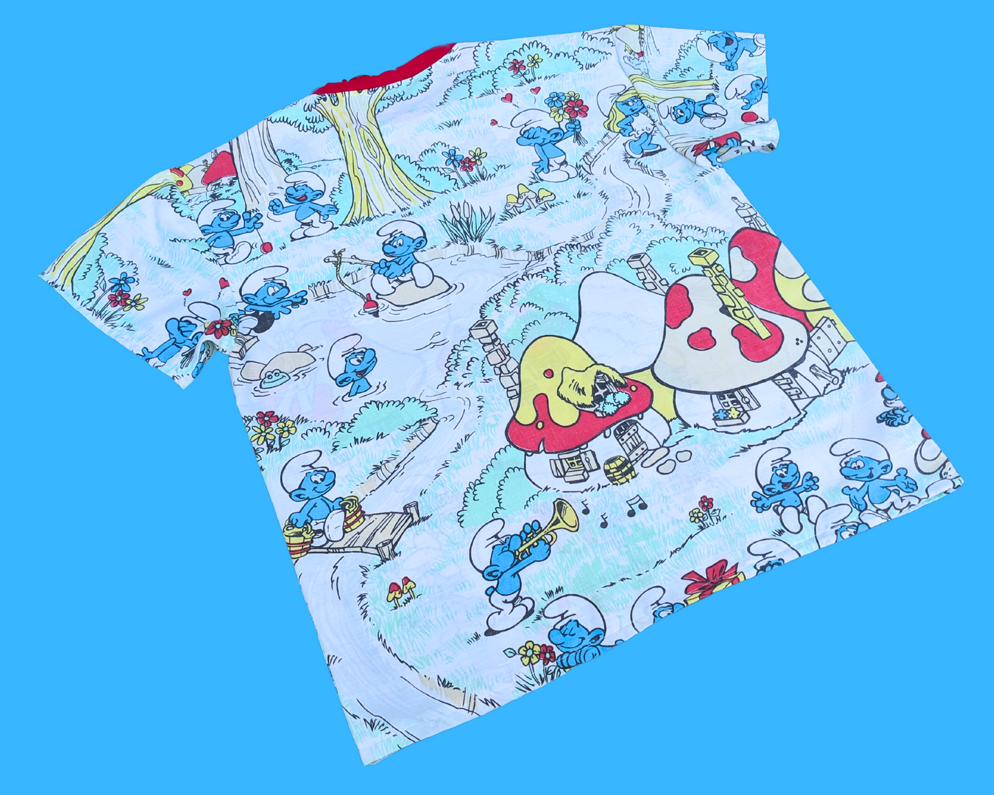 Handmade, Upcycled The Smurfs Bedsheet T-Shirt Oversized XS - Fits Like A Size M