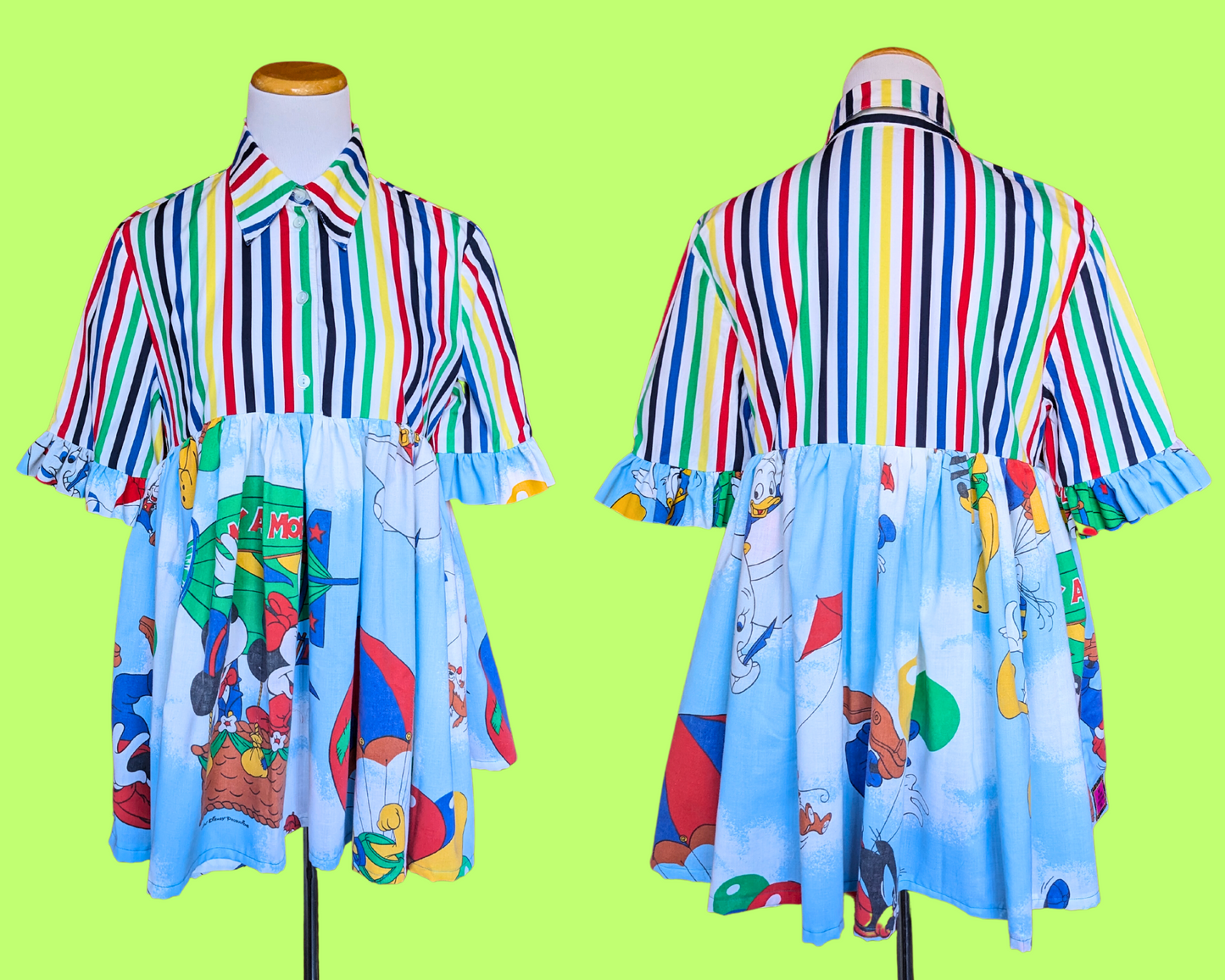 Handmade, Upcycled Disney Bedsheet, Upcycled Striped Shirt Dress Fits S-M