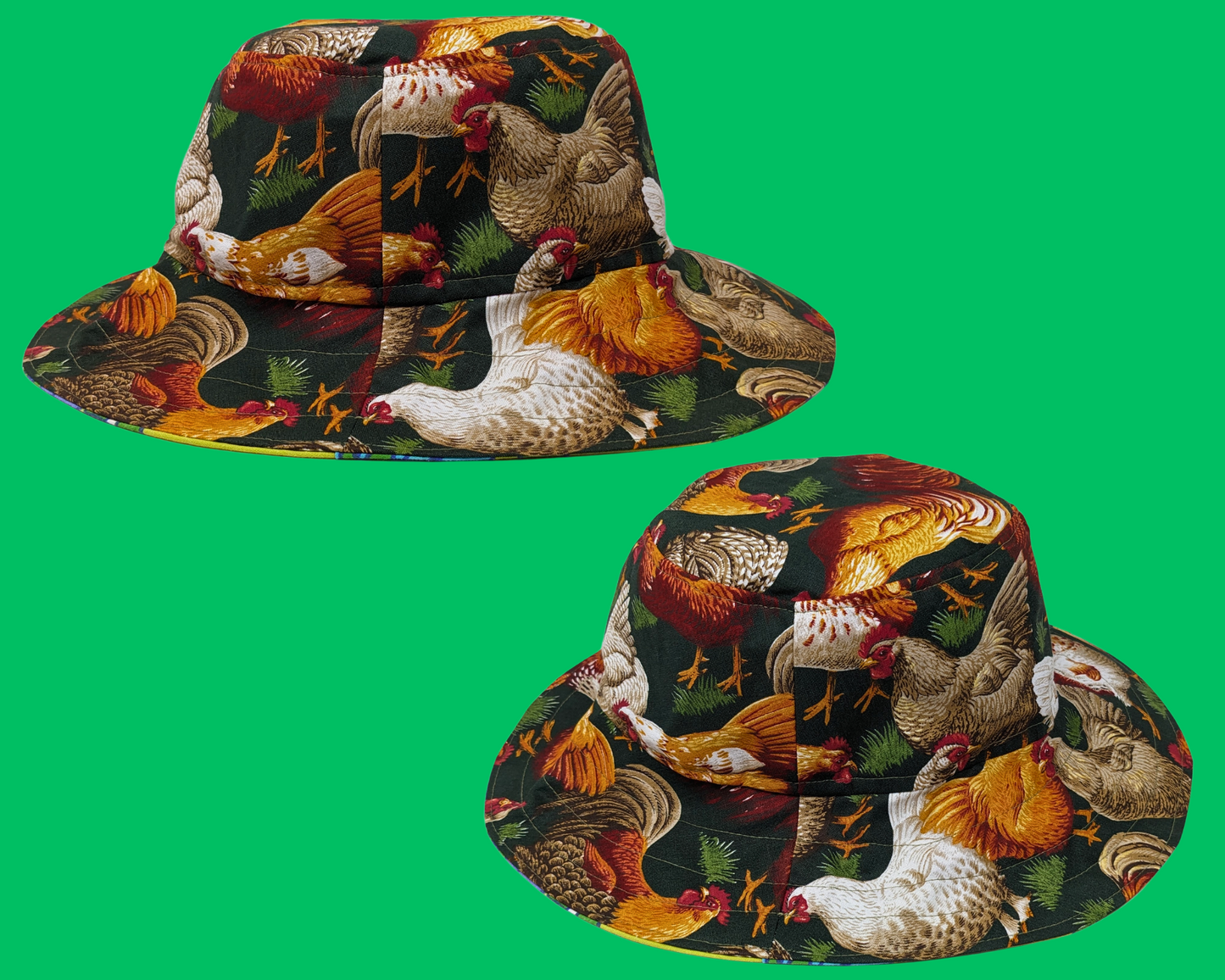 Handmade and Upcycled Apron with Roosters and Chickens Print Reversible Bucket Hat