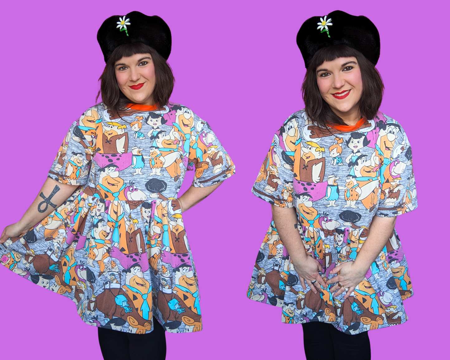 Handmade, Upcycled Vintage 1990's The Flintstones Fabric T-Shirt Dress Fits Size S-M-L-XL