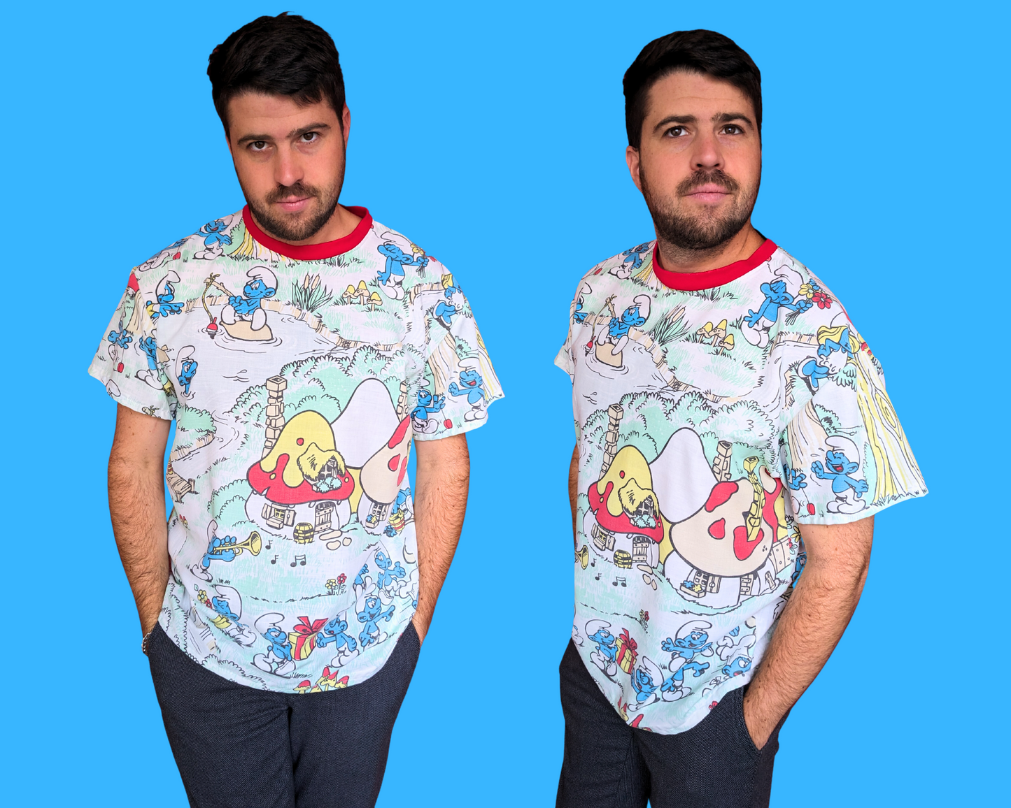 Handmade, Upcycled The Smurfs Bedsheet T-Shirt Oversized XS - Fits Like A Size M