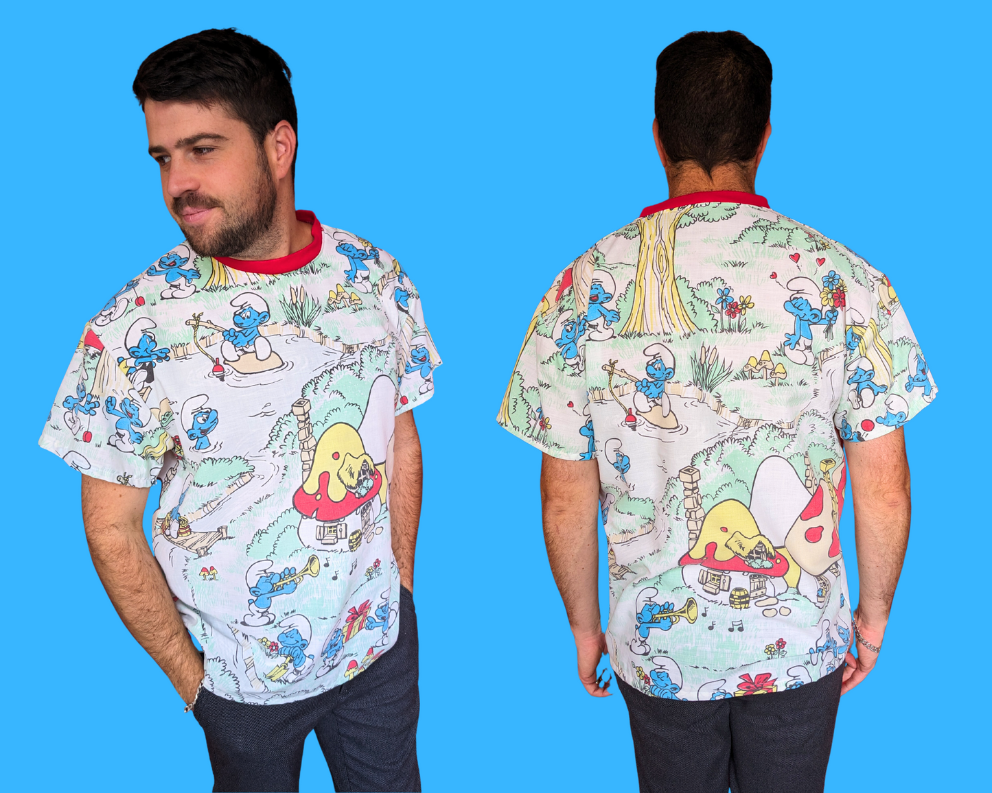 Handmade, Upcycled The Smurfs Bedsheet T-Shirt Oversized XS - Fits Like A Size M