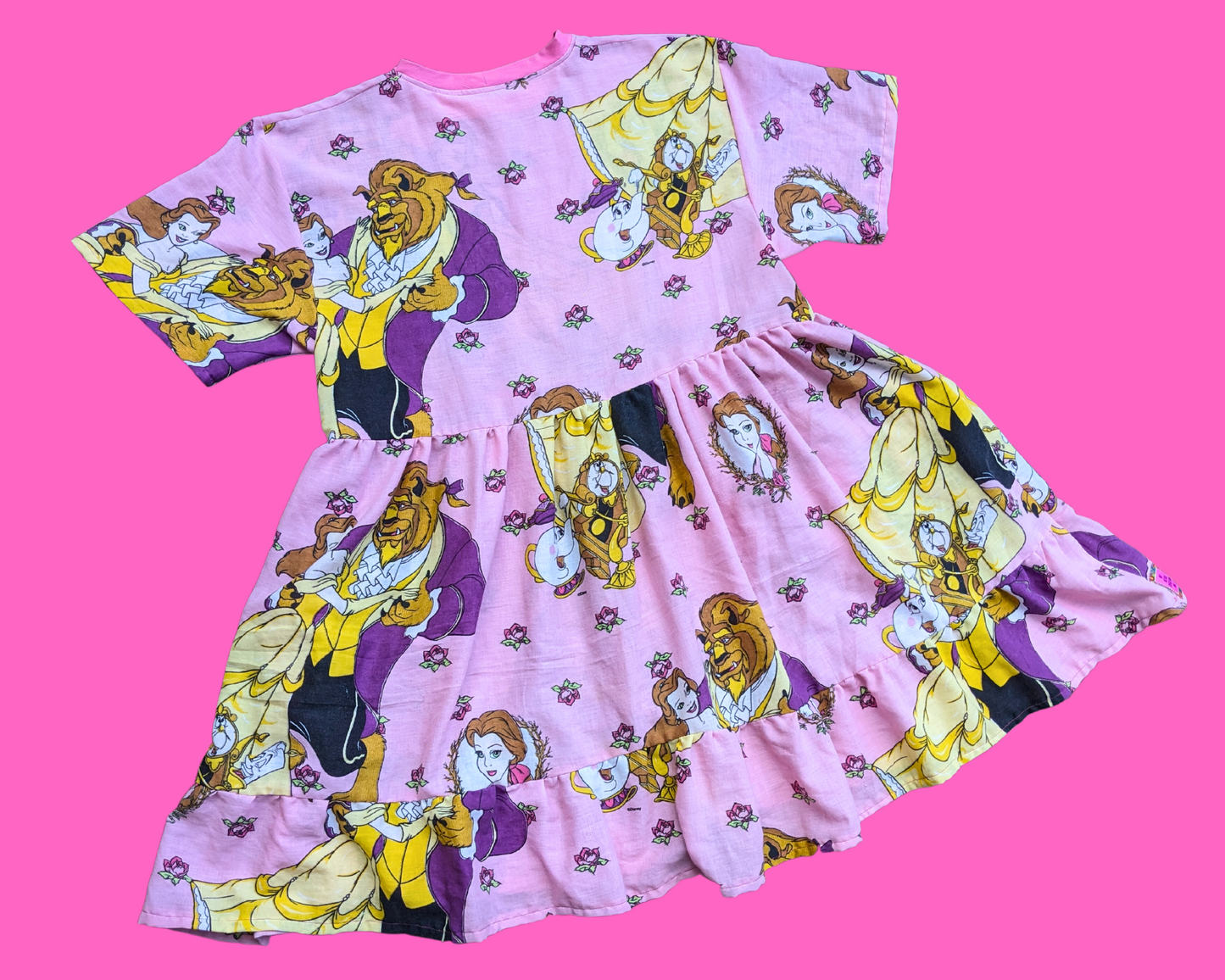 MADE TO ORDER, Handmade, Upcycled Vintage 1990's Walt Disney's Beauty and The Beast Bedsheet T-Shirt Dress Fits S-M-L-XL or 2XL