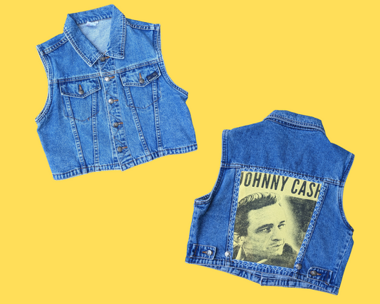 Handmade, Upcycled Cotton Denim Vest with Johnny Cash T-Shirt on the Back, Size L - Fits Like A Size M