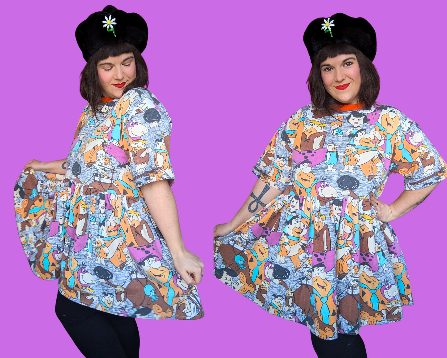 Handmade, Upcycled Vintage 1990's The Flintstones Fabric T-Shirt Dress Fits Size S-M-L-XL