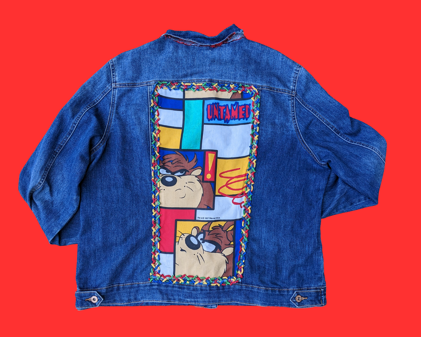 Handmade, Upcycled Cotton Denim Jacket with Looney Tunes Taz Bedsheet Fits Like A Size L-XL