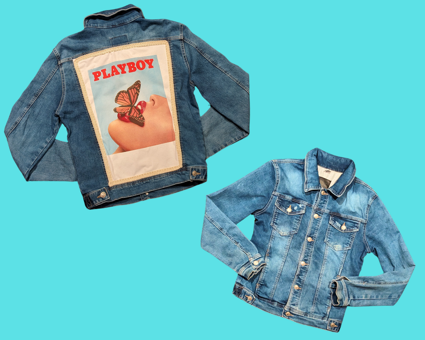 Handmade, Upcycled Denim Jacket with a Playboy T-Shirt Size M