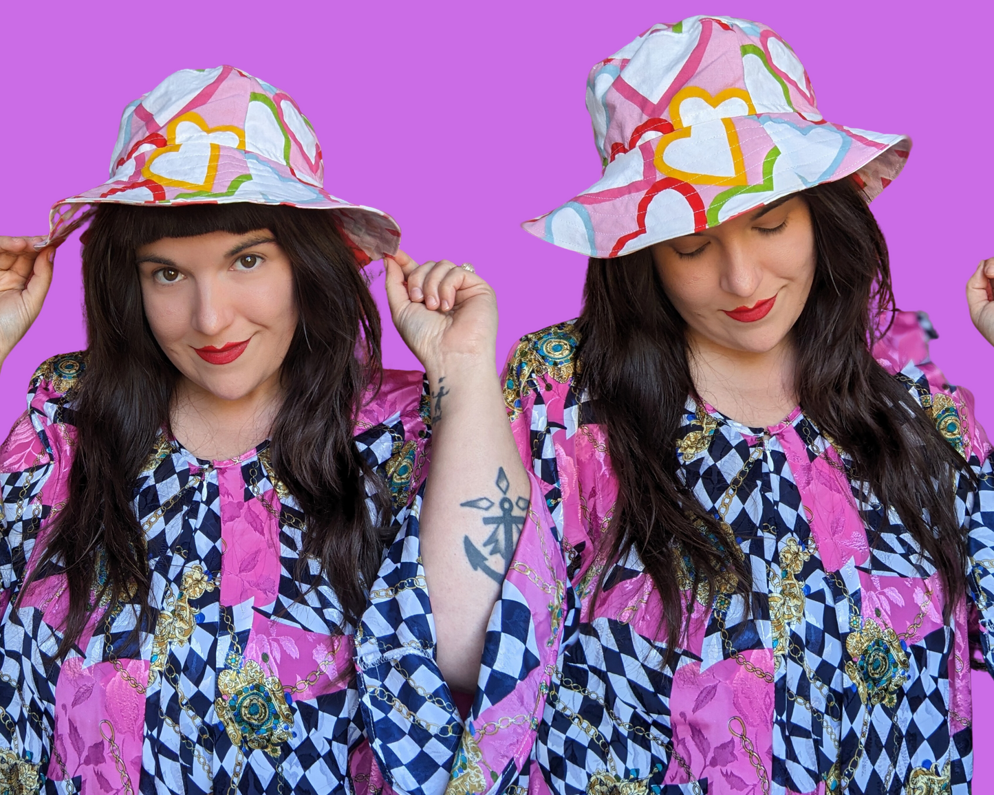 Rainbow Hearts Reversible Bucket Hats For Adults Made from Vintage, Upcycled Rainbow Hearts Bedsheet