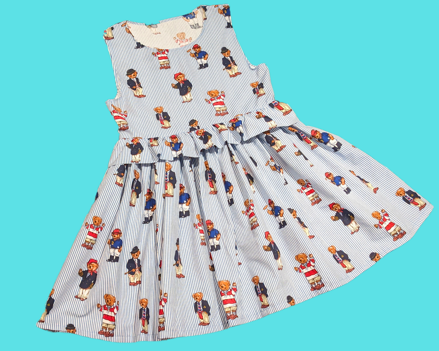 Handmade, Upcycled Little Bears Patterned, Ralph Lauren Bedsheet Sleeveless Dress Fits Size M