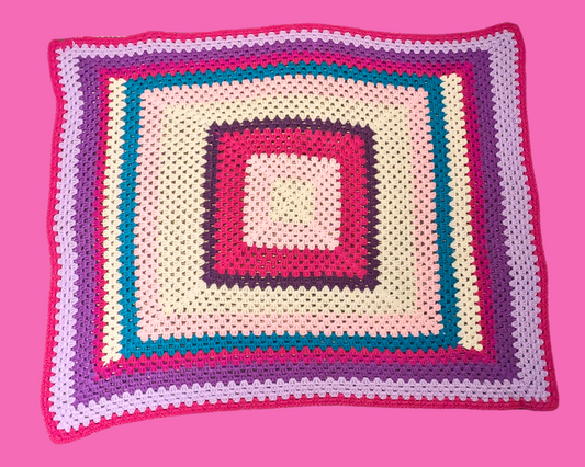 Vintage 1980's Pink, Blue, Purple Wool Crochet Blanket