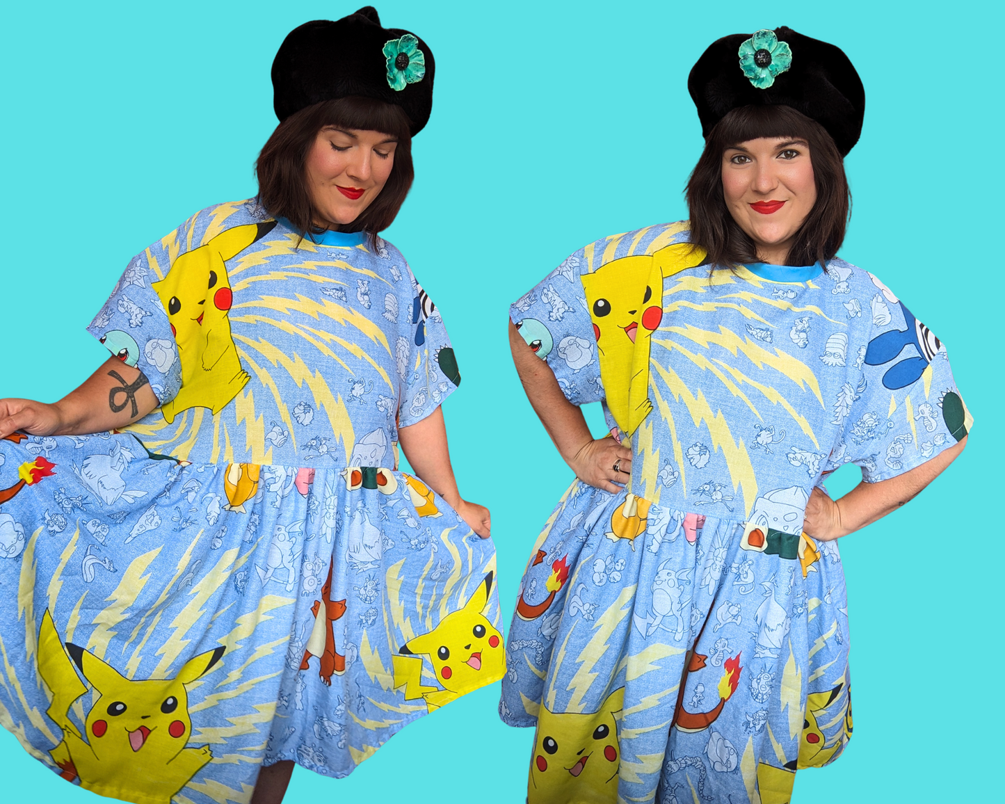 Handmade, Upcycled Pokemon Bedsheet T-Shirt Dress Fits 2XL