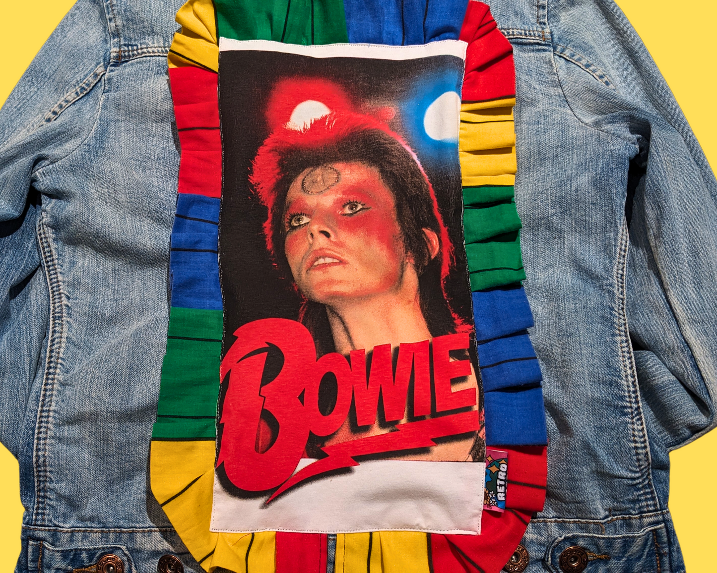 Handmade, Upcycled Denim Jacket Patched Up with a David Bowie T-Shirt Fits Size S-M