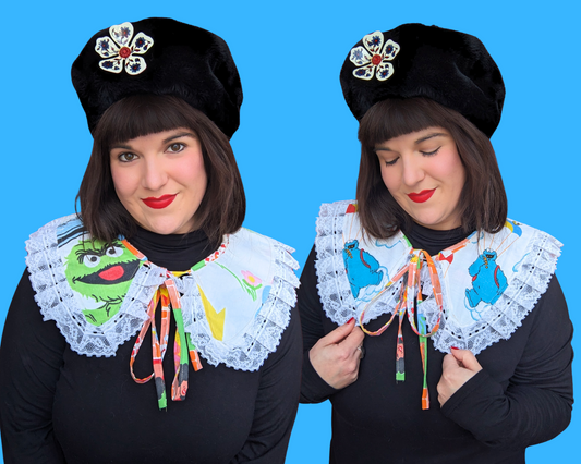 Handmade, Upcycled, Reversible Pilgrim Collar with Frill Made With Sesame Street Bedsheets