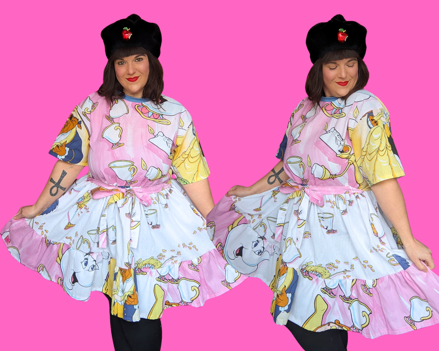 Handmade, Upcycled Walt Disney's Beauty and The Beast Bedsheet T-Shirt Dress Fits S-M-L-XL