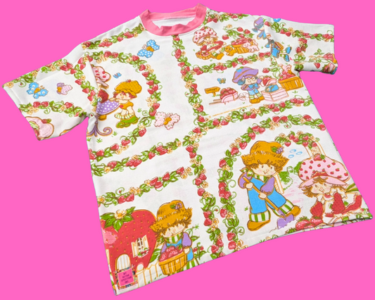 Handmade, Upcycled Strawberry Shortcake Bedsheet T-Shirt Oversized XS - Fits Like A Size M