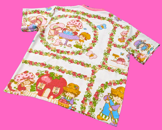 Handmade, Upcycled Strawberry Shortcake Bedsheet T-Shirt Oversized XS - Fits Like A Size M