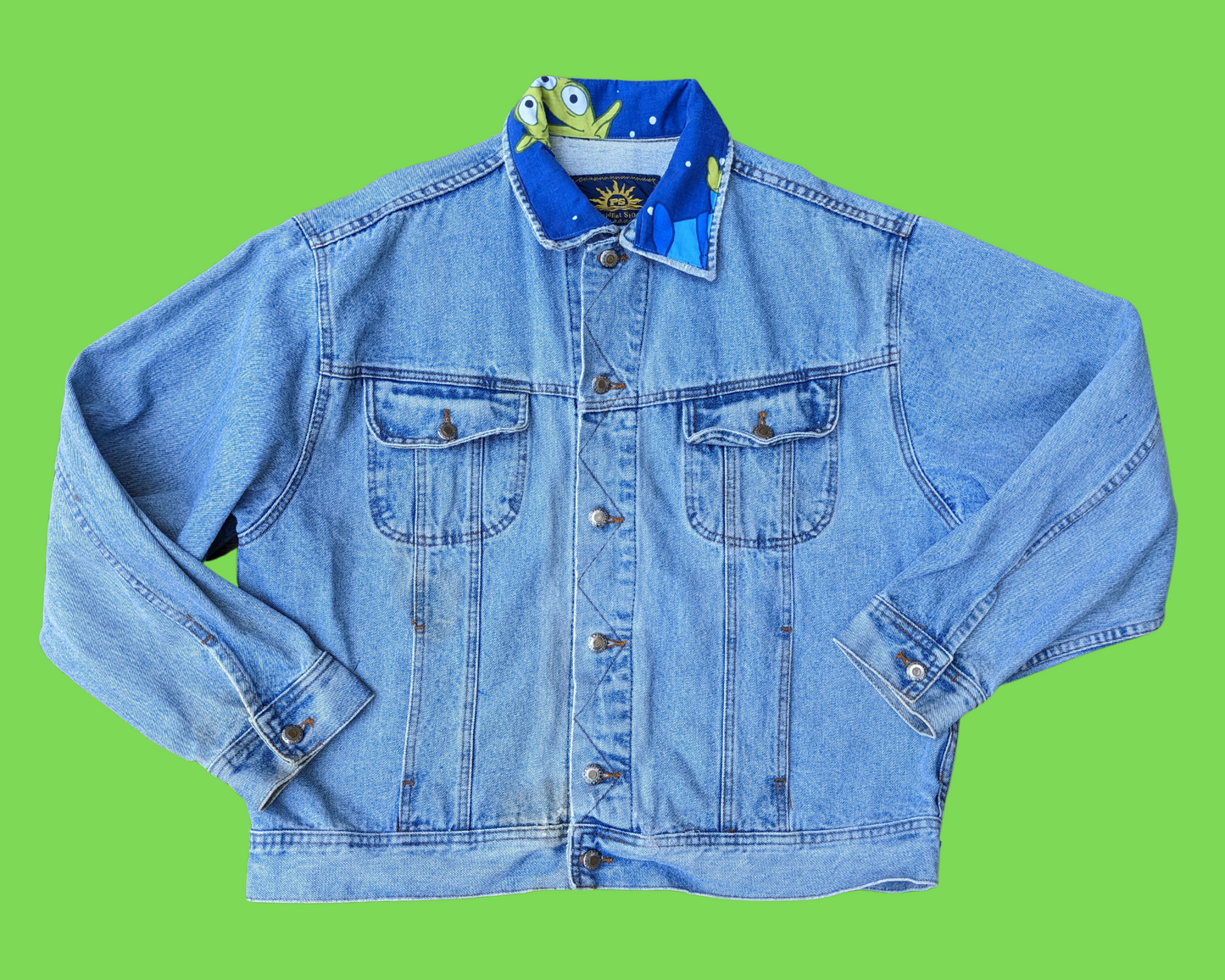 Handmade, Upcycled Cotton Denim Jacket with Toy Story's Little Green Men Bedsheet Fits Like A Size XL