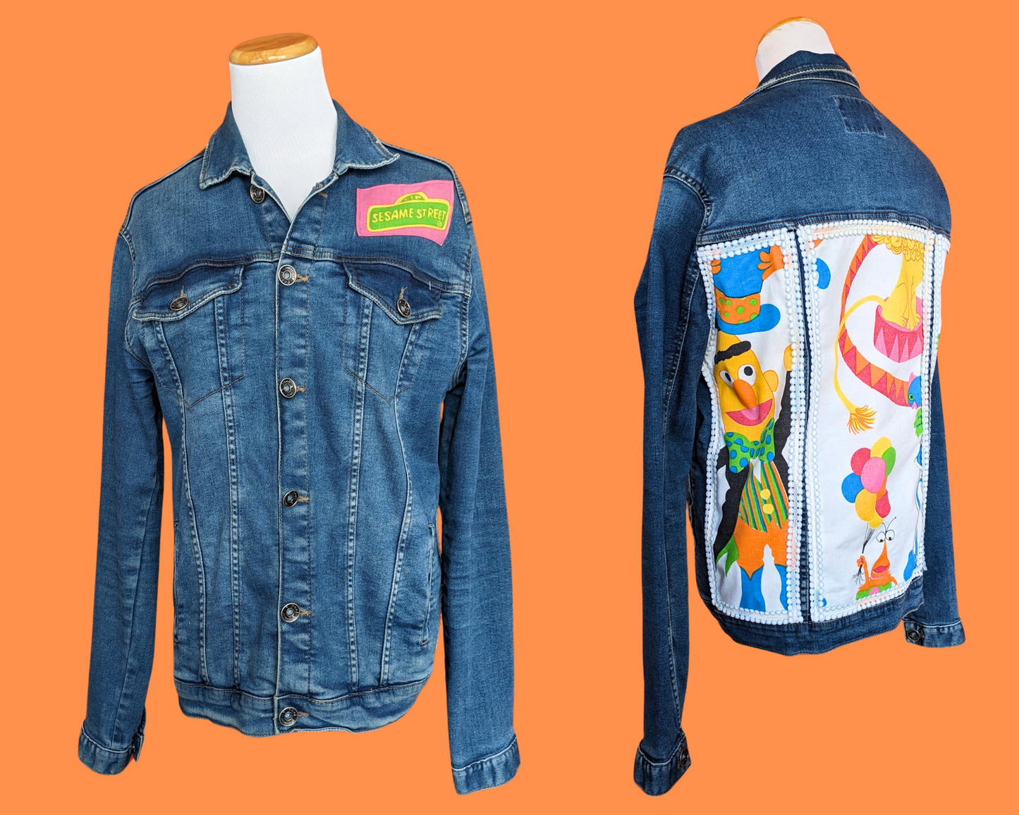 Handmade, Upcycled Denim Jacket Patched Up with Bedsheets Scraps of Sesame Street Size S-M