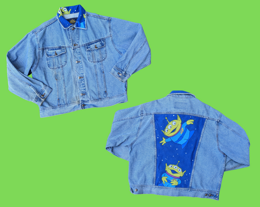 Handmade, Upcycled Cotton Denim Jacket with Toy Story's Little Green Men Bedsheet Fits Like A Size XL