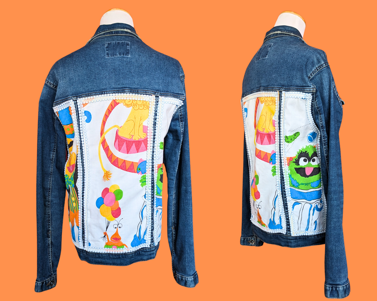 Handmade, Upcycled Denim Jacket Patched Up with Bedsheets Scraps of Sesame Street Size S-M