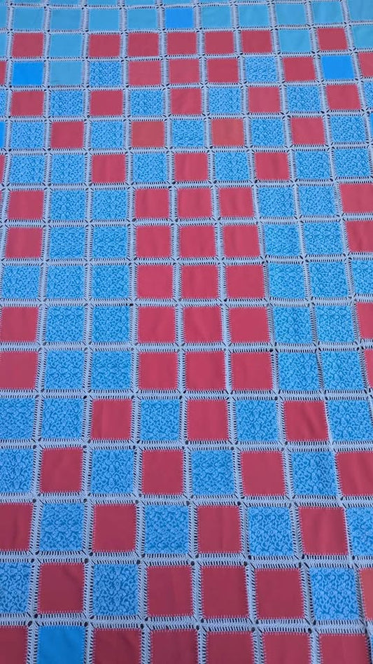 Vintage 1970's Blue and Warm Pink Square Patterned Decorative Blanket