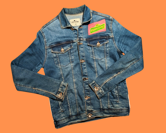 Handmade, Upcycled Denim Jacket Patched Up with Bedsheets Scraps of Sesame Street Size S-M
