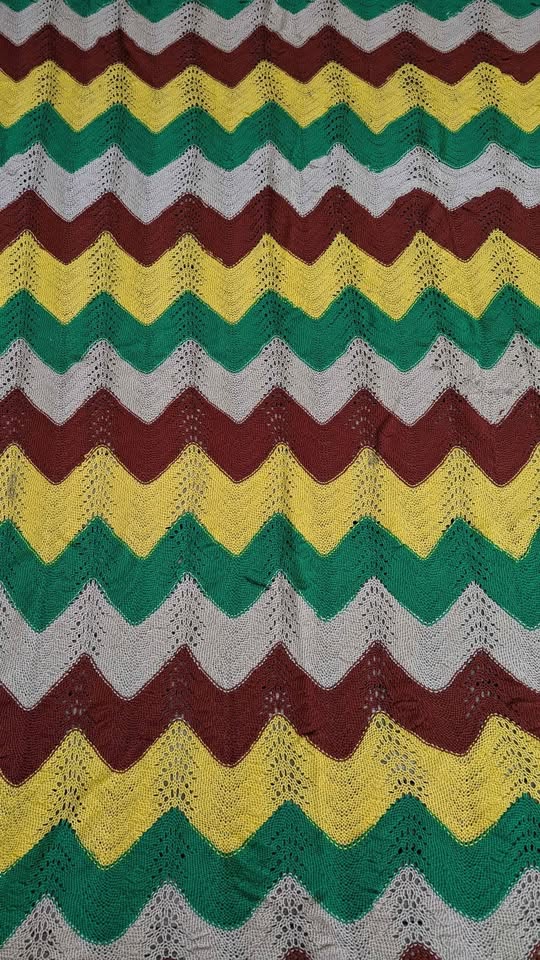 Vintage 1980's Brown, Green and Yellow Wool Crochet Blanket