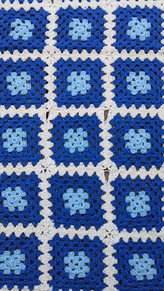 Vintage 1980's White and Blue Synthetic Wool Crochet Blanket