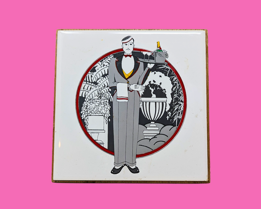 Vintage 1980's Decorative Tile, Waiter Illustration