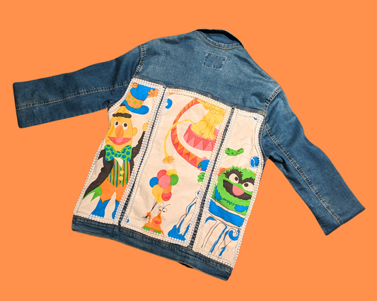 Handmade, Upcycled Denim Jacket Patched Up with Bedsheets Scraps of Sesame Street Size S-M