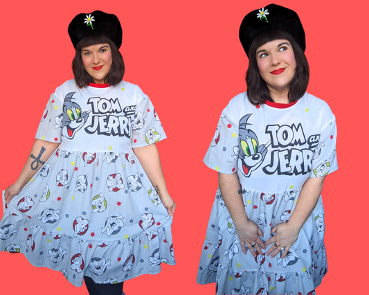 Handmade, Upcycled Vintage 1990's Tom and Jerry Bedsheet and Pillowcase T-Shirt Dress Fits Size S-M-L-XL