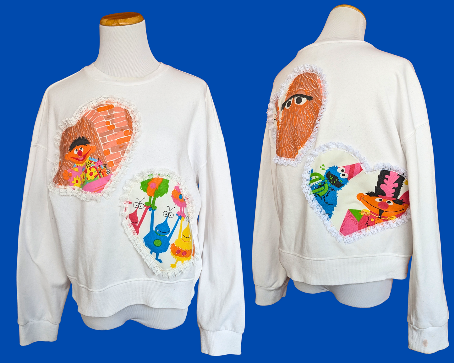 Handmade, Upcycled White Crew Neck Patched Up with Bedsheets Scraps of Sesame Street Size S-M