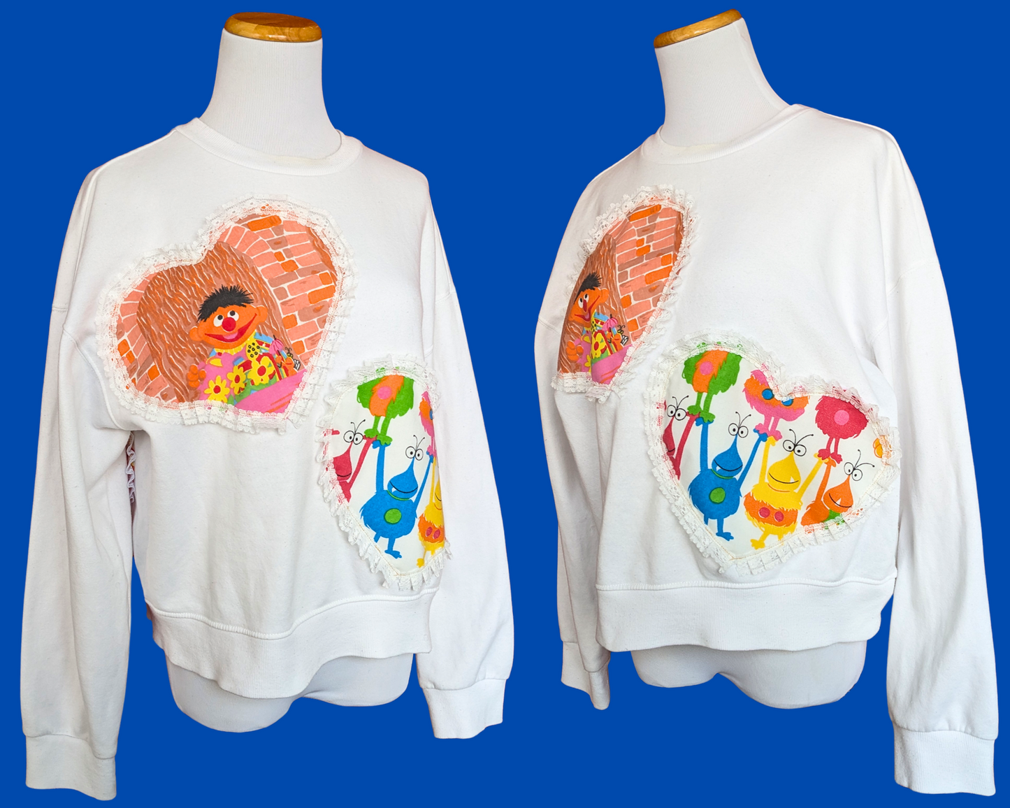 Handmade, Upcycled White Crew Neck Patched Up with Bedsheets Scraps of Sesame Street Size S-M