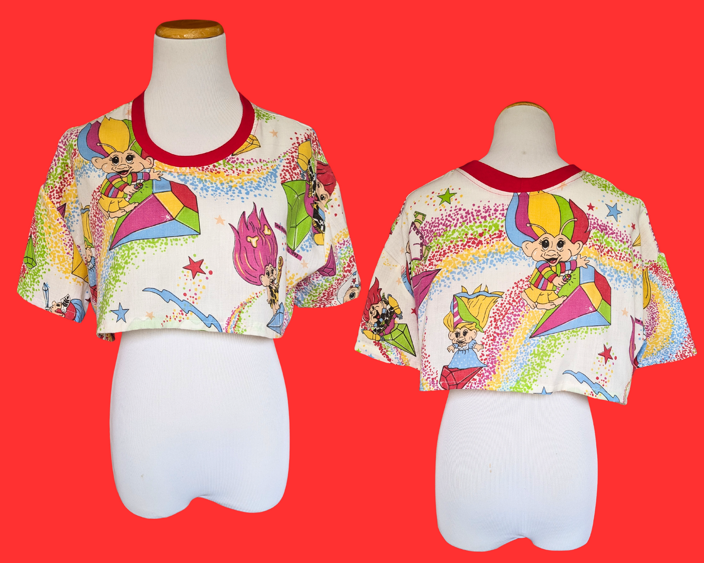 Handmade, Upcycled Time Traveling Trolls Bedsheet Crop Top Size XS