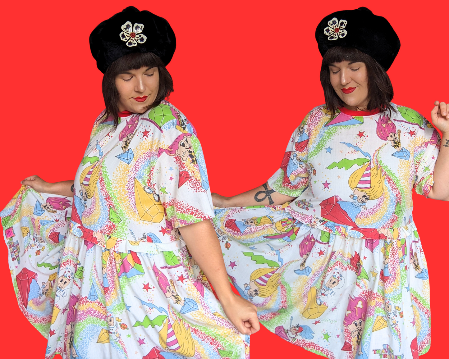 Handmade, Upcycled Vintage 1980's Time Traveling Trolls Bedsheet T-Shirt Dress Fits S-M-L-XL