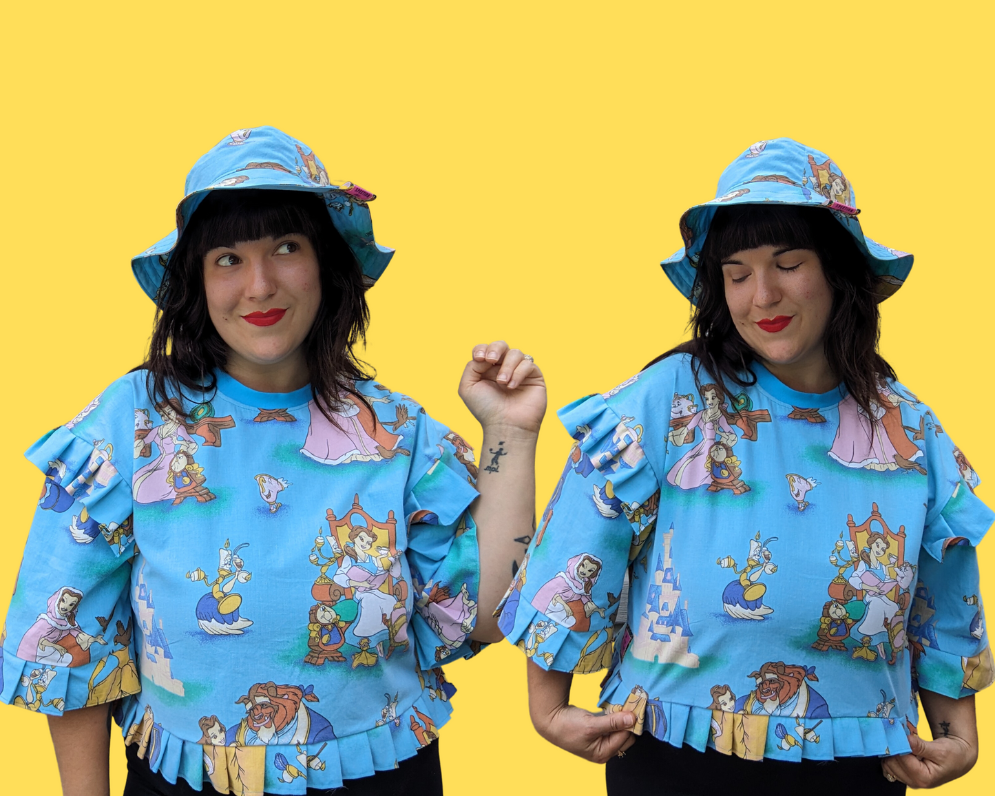 Handmade, Upcycled Vintage 1990's Beauty and the Beast Bedsheet Crop Top Size M-L-XL with Matching Bucket Hat