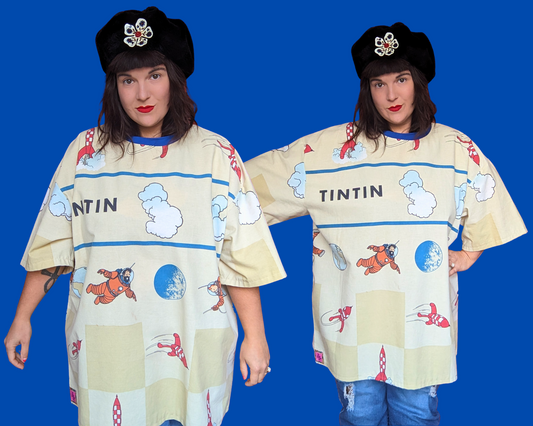 Handmade, Upcycled Tintin Bedsheet T-Shirt Oversized XL