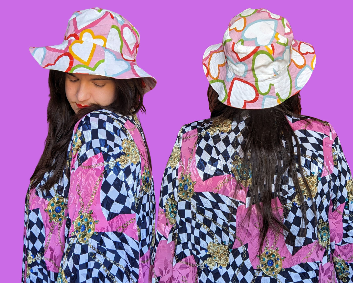 Rainbow Hearts Reversible Bucket Hats For Adults Made from Vintage, Upcycled Rainbow Hearts Bedsheet