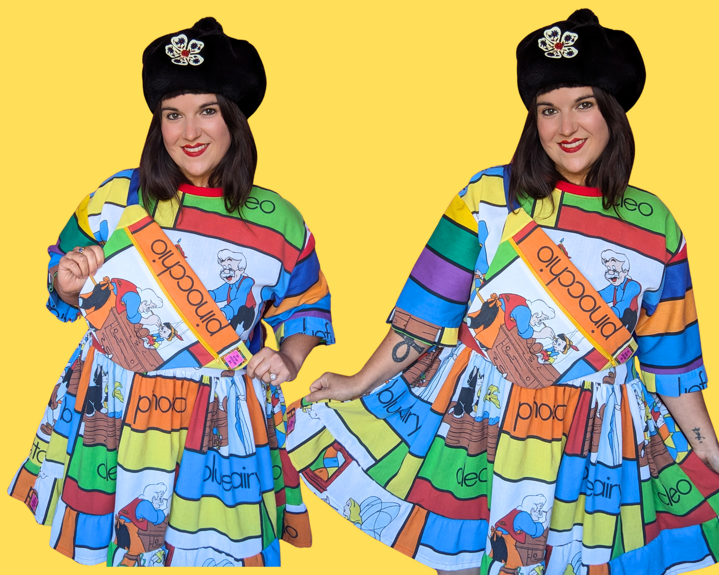 Handmade, Upcycled Vintage 1990's Walt Disney's Pinocchio Bedsheet T-Shirt Dress Fits S-M-L-XL with Matching Fanny Pack